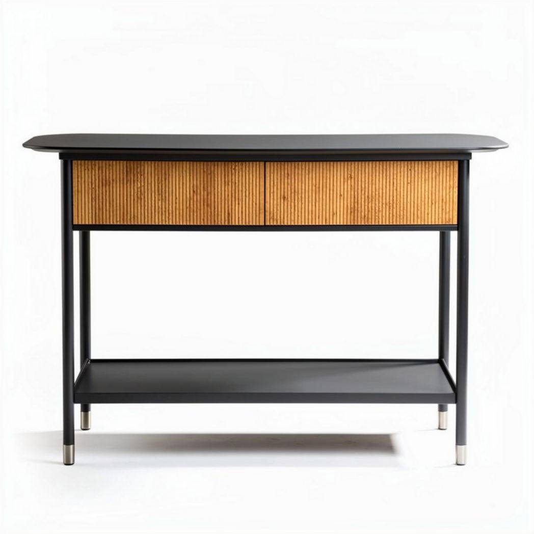Console table with bamboo storage drawers and metal frame 120 x 40 x 75cm