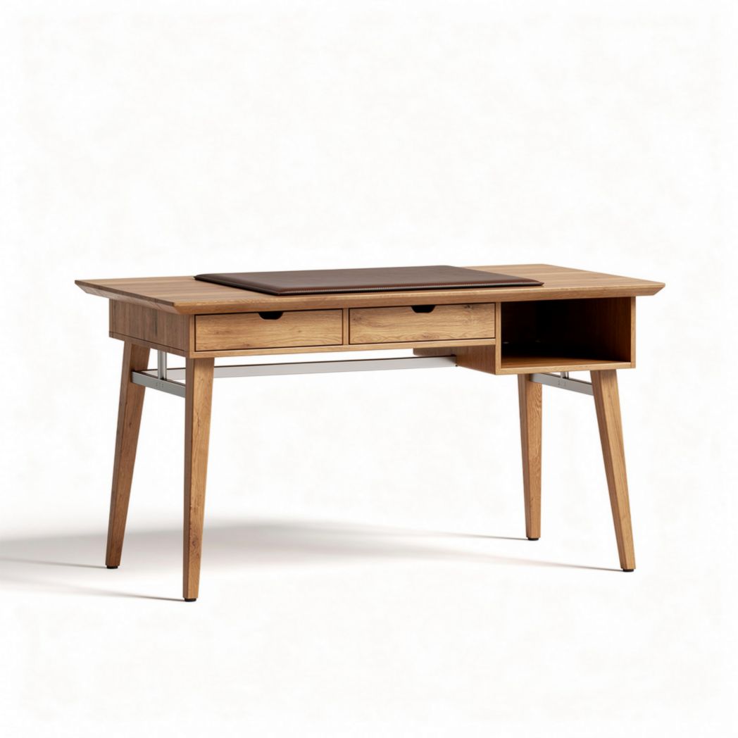 Wooden office desk with metal legs and dual drawers for storage 150 x 75 x 75cm