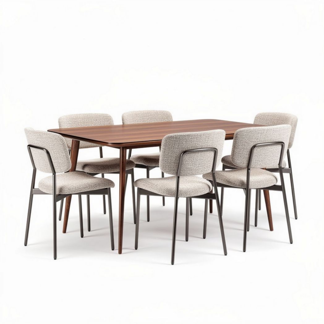 Dining table set with six upholstered chairs in walnut finish 200 x 100 x 75cm
