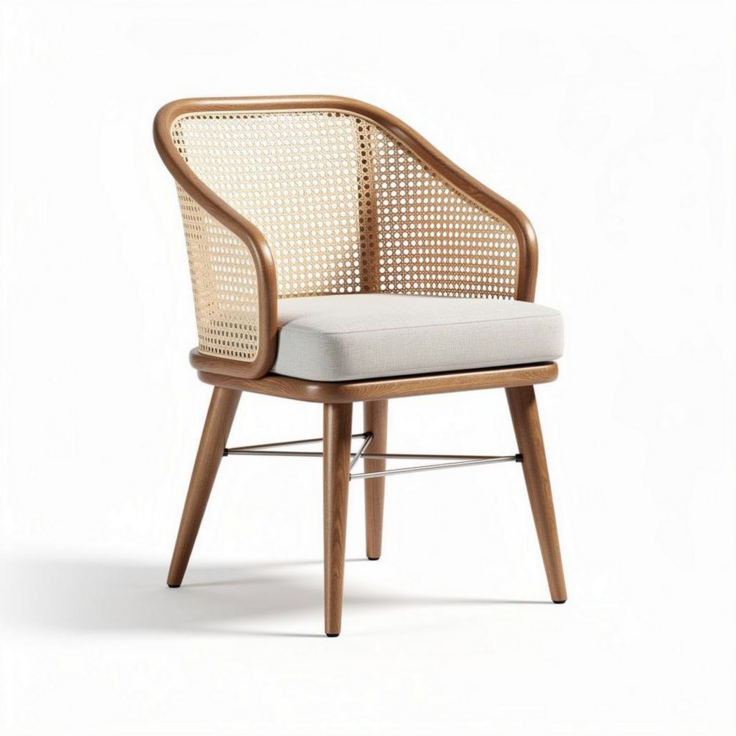 Cane back accent chair with cushioned seat and wooden frame in natural finish