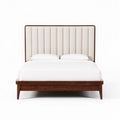 Upholstered queen bed frame with wooden legs and tufted headboard in beige