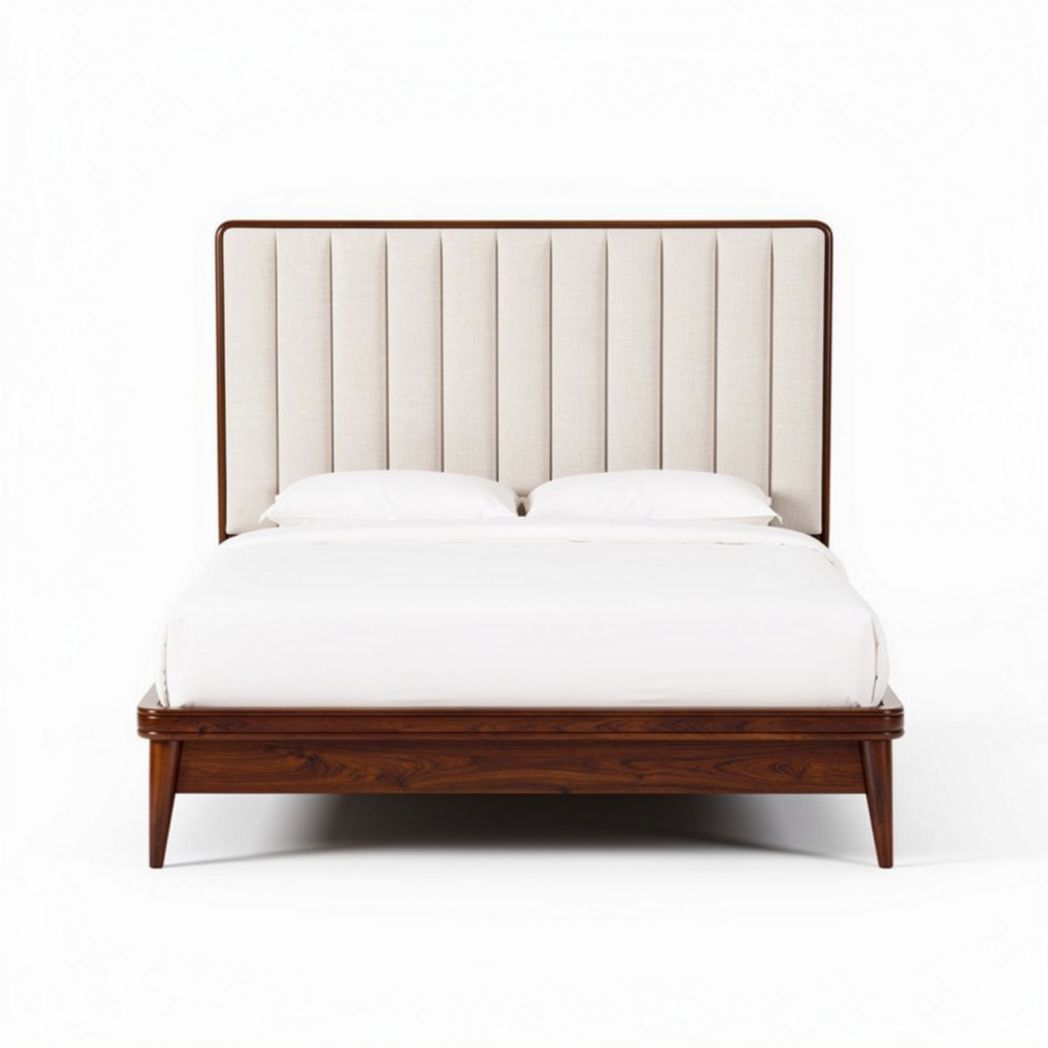 Upholstered queen bed frame with wooden legs and tufted headboard in beige