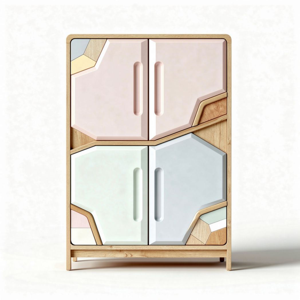 Modern geometric storage cabinet with wood frame and pastel color doors 80 x 40 x 100cm
