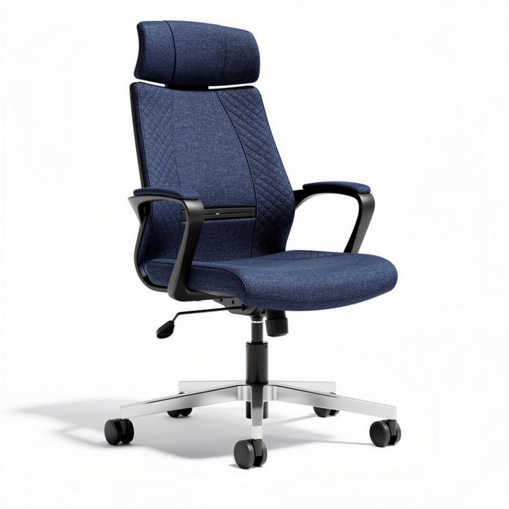 Ergonomic office chair with adjustable headrest in navy blue fabric 60 x 60 x 110cm