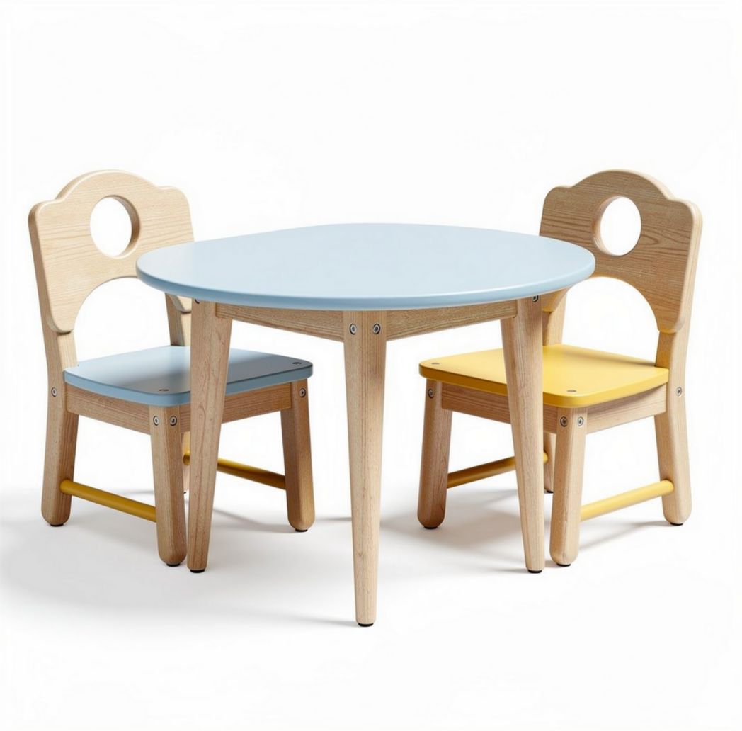 Wooden kids table set with round tabletop and two colorful chairs 60 x 60 x 50cm