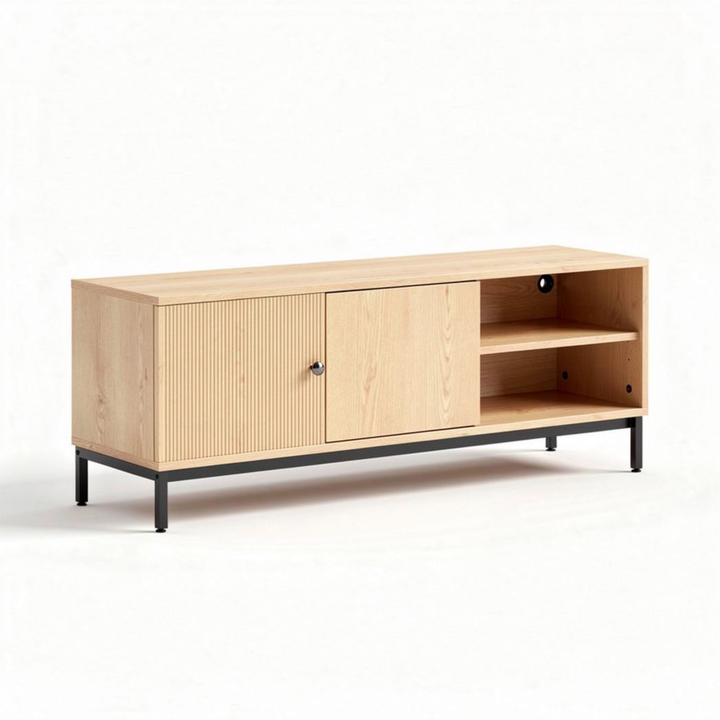 Wooden media console with shelving and door in natural finish 120 x 35 x 50cm