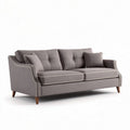 Mid-century modern gray fabric sofa with wooden legs and two cushions