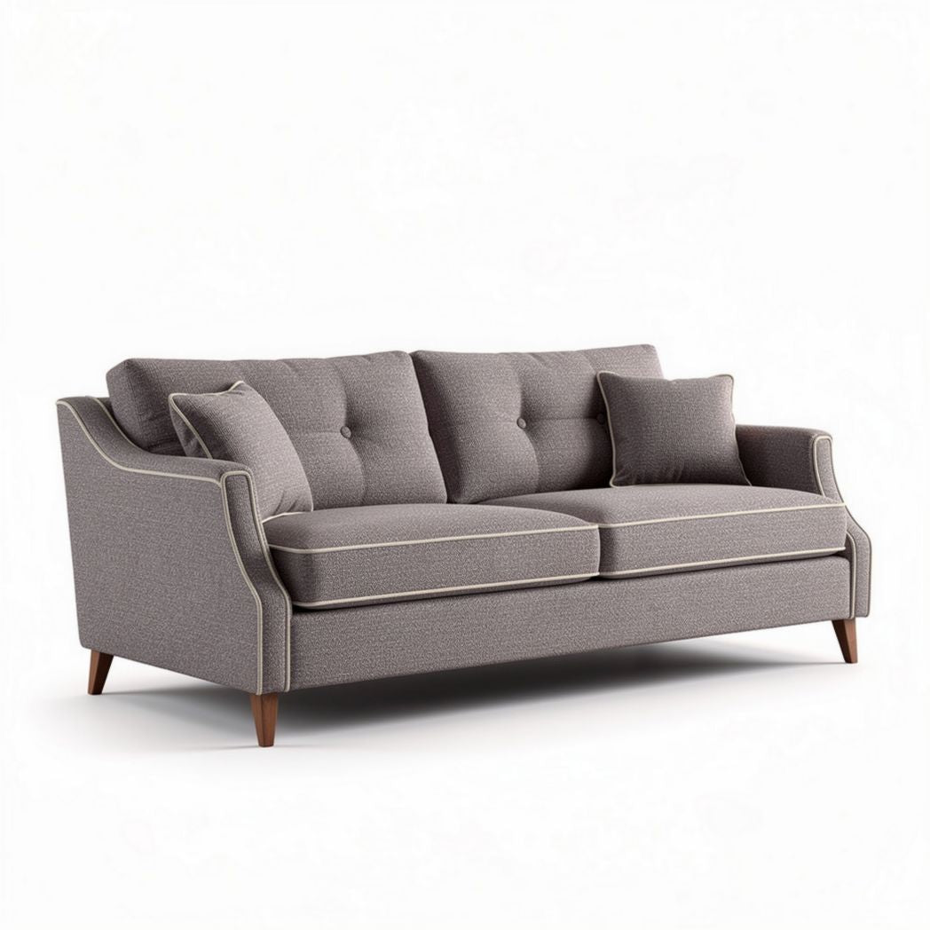 Mid-century modern gray fabric sofa with wooden legs and two cushions