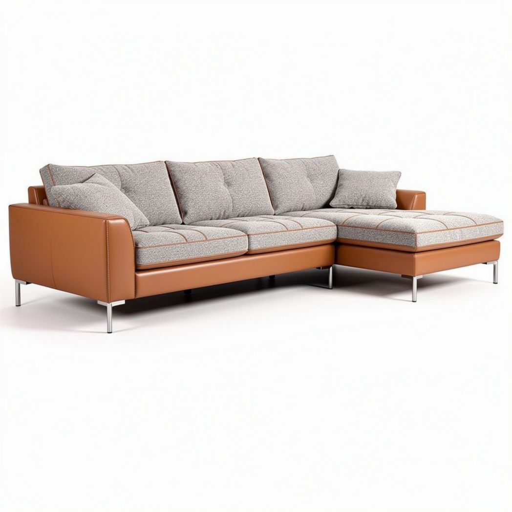 Fabric sectional sofa with light brown leather accents and spacious seating 200 x 100 x 85cm